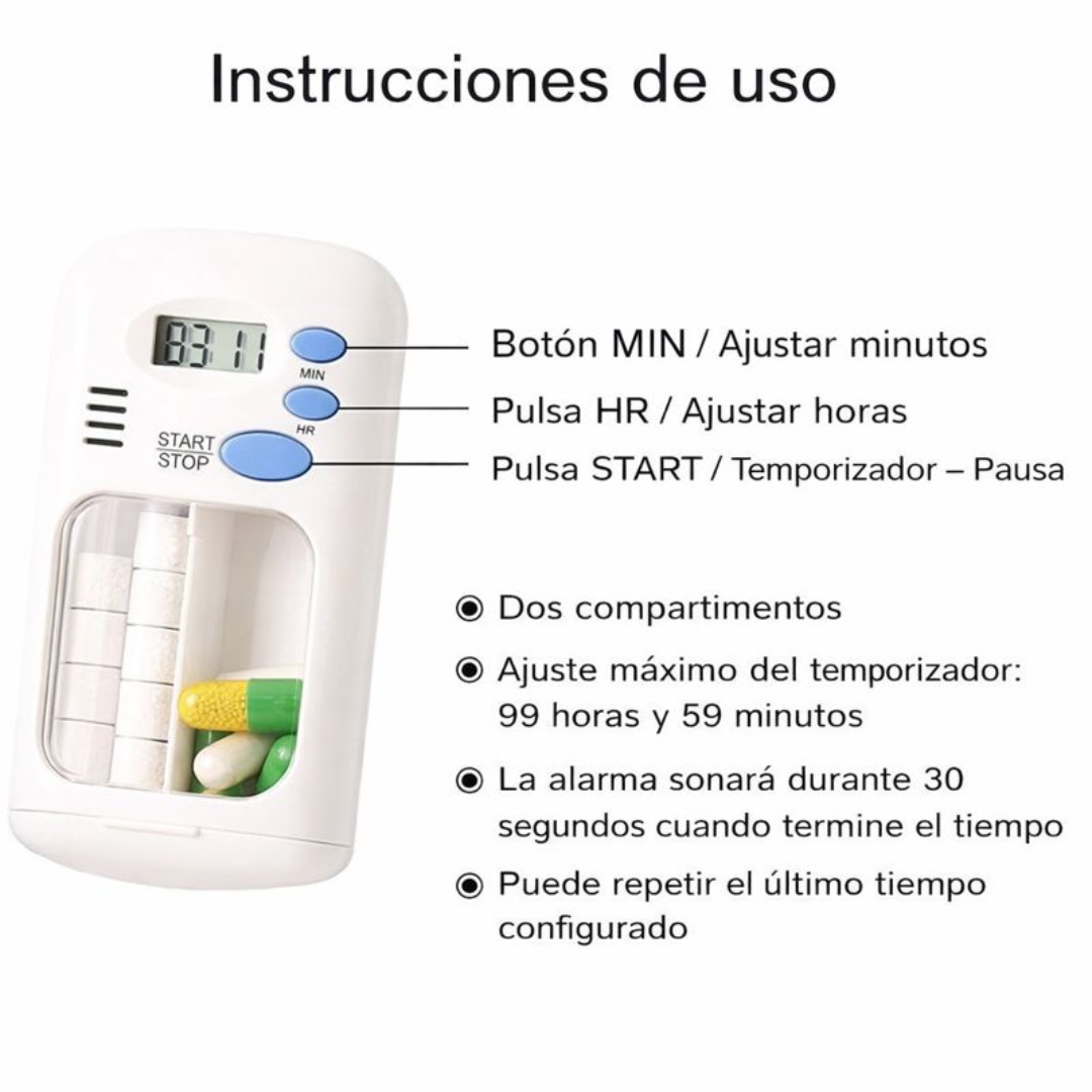 Pastillero portátil con alarma y temporizador